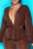 Dark Brown Sexy Solid Patchwork V Neck Long Sleeve Two Pieces