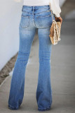 Голубые модные повседневные однотонные джинсы из денима с высокой талией и рваной пряжкой