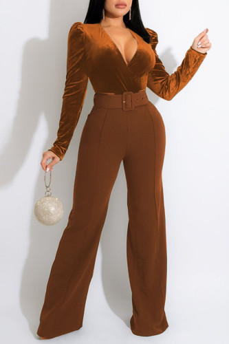 Yellow Brown Sexy Solid Patchwork V Neck Straight Jumpsuits