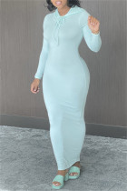 ライト グリーン ファッション カジュアル ソリッド ベーシック フード付き カラー ロング スリーブ ドレス