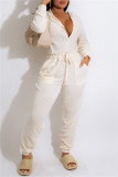 White Fashion Casual Solid Bandage Patchwork Zipper Collar Regular Jumpsuits