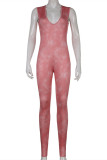 Розовый модный сексуальный однотонный базовый обтягивающий комбинезон без рукавов с v-образным вырезом (без поясной цепочки)