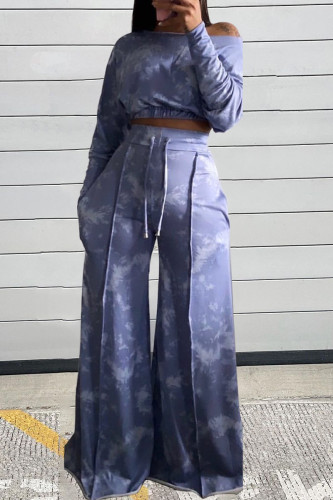 Blue Casual Print Tie-dye Off the Shoulder Long Sleeve Two Pieces