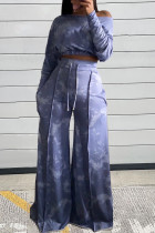 Azul Casual Estampado teñido anudado con hombros descubiertos Manga larga Dos piezas