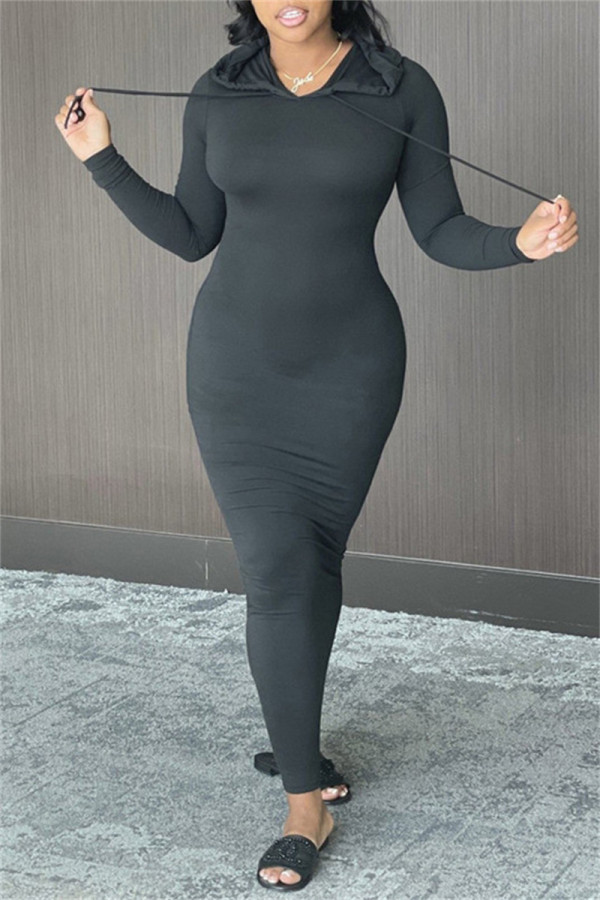 ブラック ファッション カジュアル ソリッド ベーシック フード付き カラー ロング スリーブ ドレス