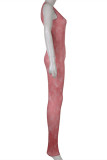 Macacão skinny rosa fashion sexy sólido básico com decote em V sem mangas (sem corrente na cintura)
