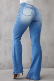 Голубые модные повседневные однотонные джинсы из денима с высокой талией и рваной пряжкой