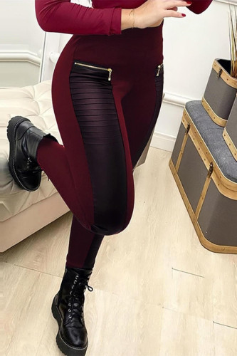Burgundy Fashion Casual Patchwork Zipper Skinny High Waist Pencil Trousers