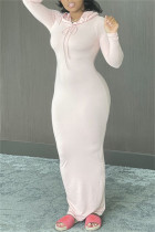 ライトピンクファッションカジュアルソリッドベーシックフード付きカラーロングスリーブドレス