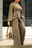 Khaki Casual Solid Patchwork Draw String Fold Half A Turtleneck Straight Wide Leg Jumpsuits