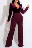 Yellow Brown Sexy Solid Patchwork V Neck Straight Jumpsuits