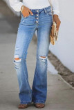 Baby Blue Fashion Casual Solid Ripped Buckle High Waist Regular Denim Jeans