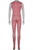 ピンク ファッション セクシー ソリッド ベーシック Vネック ノースリーブ スキニー ジャンプスーツ (ウエストチェーンなし)