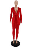 Burgundy Sexy Casual Solid Bandage V Neck Long Sleeve Skinny Jumpsuits
