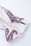Witte elegante print patchwork frenulum met riem halve col taartrokjurken