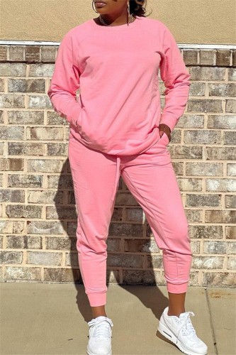 Pink Fashion Casual Solid Basic O Neck Long Sleeve Two Pieces