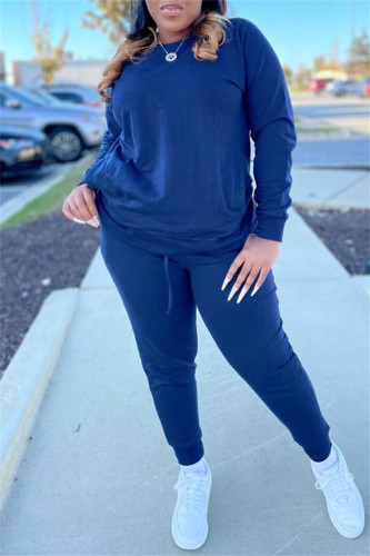 Deep Blue Fashion Casual Solid Basic O Neck Long Sleeve Two Pieces
