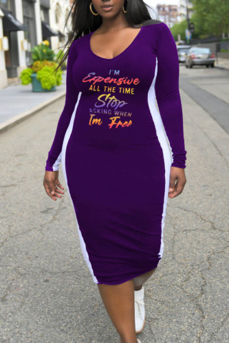 Purple Casual Print Split Joint U Neck Straight Plus Size Dresses