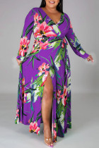 パープルファッションカジュアルプリントバンデージスリットVネック長袖プラスサイズのドレス