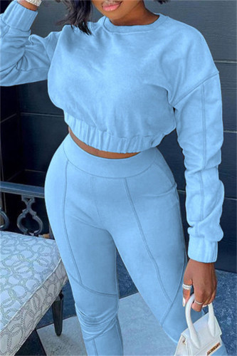 Light Blue Fashion Casual Solid Patchwork O Neck Long Sleeve Two Pieces