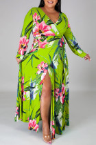 グリーンファッションカジュアルプリント包帯スリットVネック長袖プラスサイズのドレス