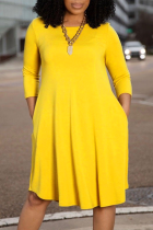 Yellow Casual Solid Split Joint O Neck Cake Skirt Dresses