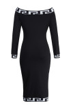 Zwarte mode-casual print-patchwork-jurken met bateau-hals en lange mouwen