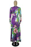 Purple Fashion Casual Print Bandage Slit V Neck Long Sleeve Plus Size Dresses
