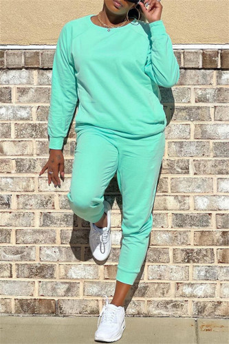 Cyan Fashion Casual Solid Basic O Neck Long Sleeve Two Pieces