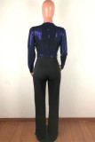 Blå Mode Casual Patchwork Paljetter V-hals Vanliga Jumpsuits