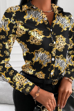 Black And White Casual Print Patchwork Turndown Collar Tops