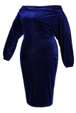 Синяя повседневная однотонная лоскутная юбка с открытыми плечами Платья больших размеров