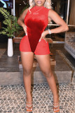 Красный модный сексуальный лоскутный прозрачный комбинезон без рукавов с круглым вырезом