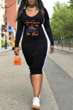 Black Casual Print Patchwork U Neck Straight Plus Size Dresses