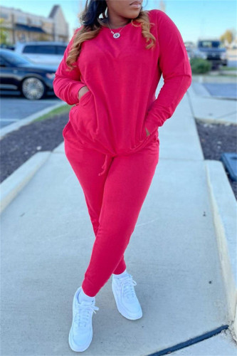 Rose Red Fashion Casual Solid Basic O Neck Long Sleeve Two Pieces
