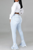 Baby Blue Fashion Casual Butterfly Print Patchwork High Waist Boot Cut Denim Jeans