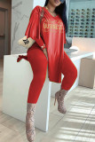 Red Fashion Casual Letter Print Slit V Neck Long Sleeve Two Pieces