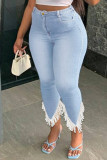 Diepblauwe mode casual effen kwastje patchwork grote maten jeans