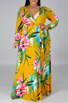 Gele Mode Casual Print Bandage Spleet V-hals Lange mouw Grote maten jurken