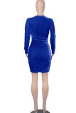 ブルーのセクシーなソリッドパッチワークフォールド非対称Vネックドレス