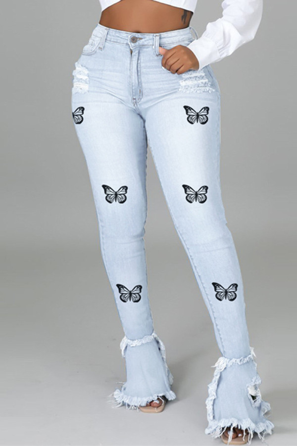 Baby Blue Fashion Casual Butterfly Print Patchwork High Waist Boot Cut Denim Jeans