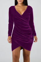 Purple Sexy Solid Patchwork Fold Asymmetrical V Neck Dresses