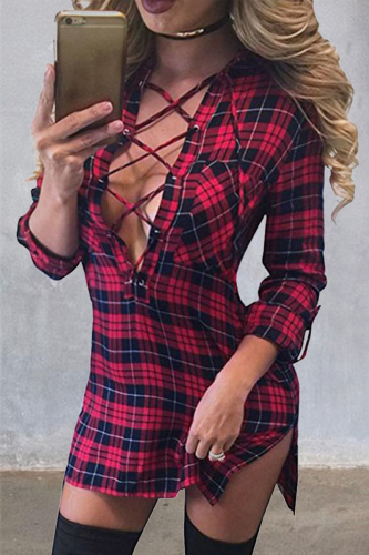 Red Casual Plaid Slit V Neck Pencil Skirt Dresses