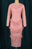 Roze zoete elegante effen patchwork gevouwen O-hals rechte jurken