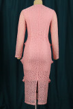 Roze zoete elegante effen patchwork gevouwen O-hals rechte jurken