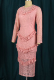 Розовые милые элегантные однотонные прямые платья в стиле пэчворк с круглым вырезом и круглым вырезом