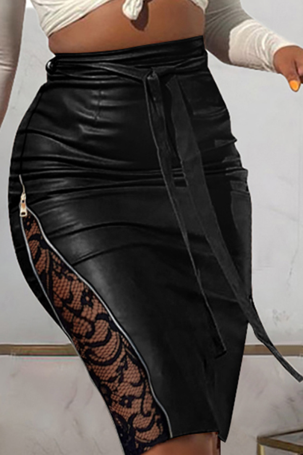 Pantalones de color sólido de lápiz de cintura media flacos transparentes de encaje de patchwork sexy negro