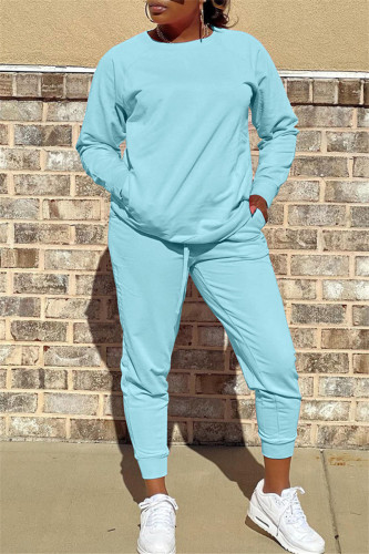 Light Blue Fashion Casual Solid Basic O Neck Long Sleeve Two Pieces