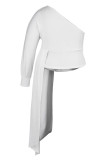 Branco Sexy Sólido Patchwork Assimétrico Gola Oblíqua Plus Size Tops