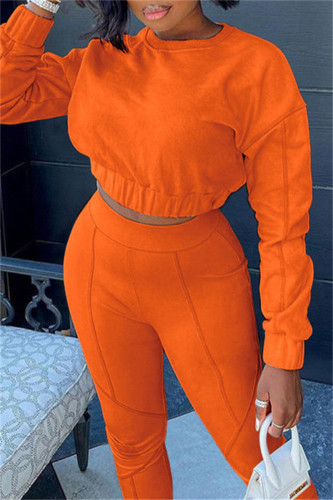 Orange Fashion Casual Solid Patchwork O Neck Long Sleeve Two Pieces